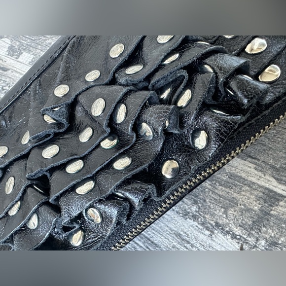 Susan Farber Y2K Leather Ruffle Studed Clutch or Crossbody Purse Black Boho - Picture 4 of 15